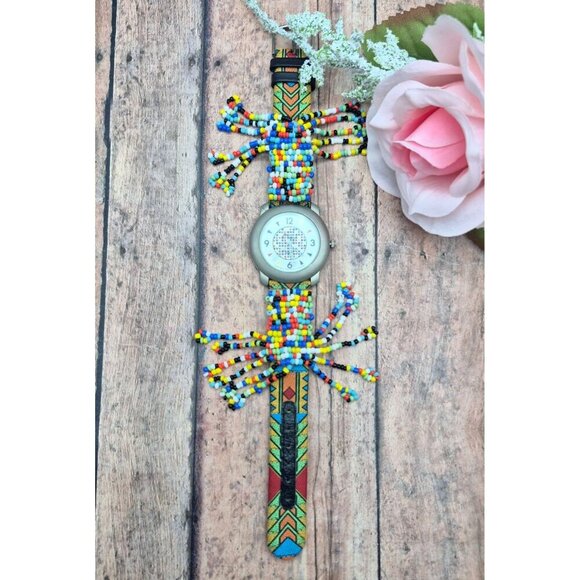 Leather Band Native Seed Bead Jacques Couture Watch Works New Battery Unique - Picture 2 of 9